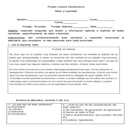 240416373 prueba-lectura-comprensiva-mitos-y-leyendas