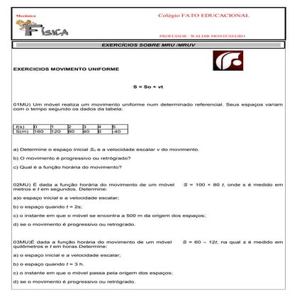 lista de exercícios de mru e mruv | PDF