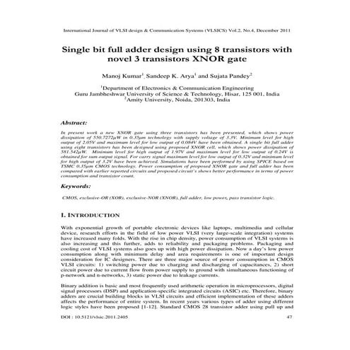 Single bit full adder design using 8 transistors with novel 3 transistors XNO...