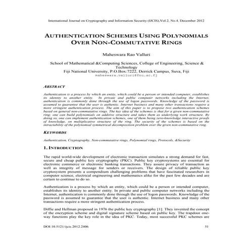 AUTHENTICATION SCHEMES USING POLYNOMIALS OVER NON-COMMUTATIVE RINGS | PDF