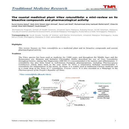 The coastal medicinal plant Vitex rotundifolia: a mini-review on its bioactive compounds and pharmacological activity