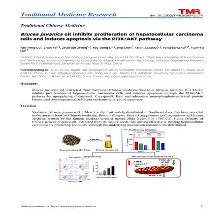 Brucea javanica oil inhibits proliferation of hepatocellular carcinoma cells and induces apoptosis via the PI3K/AKT pathway