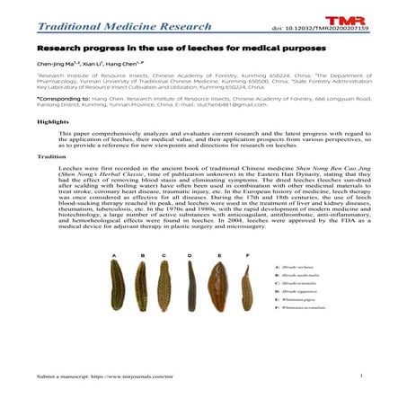 Research progress in the use of leeches for medical purposes