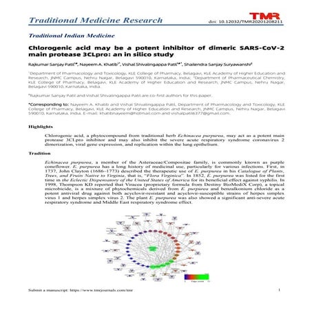 Chlorogenic acid may be a potent inhibitor of dimeric SARS-CoV-2 main protease 3CLpro: an in silico study