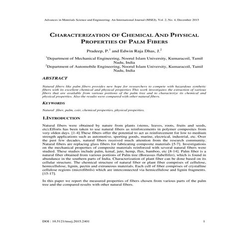 Characterization of Chemical and Physical Properties of Palm Fibers