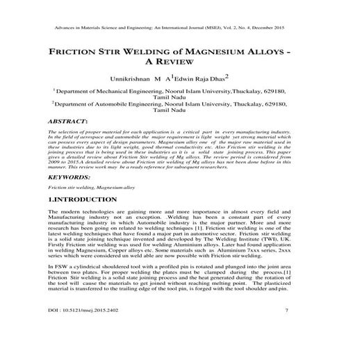 Friction Stir Welding of Magnesium Alloys - A Review | PDF