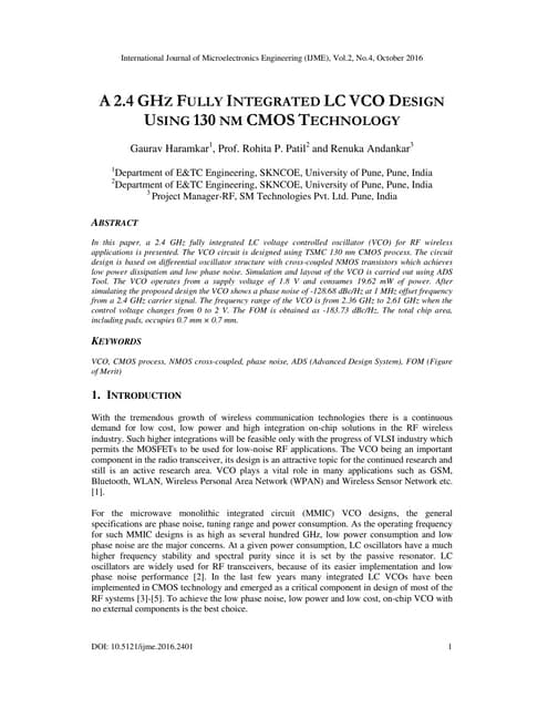 A 2.4 GHZ FULLY INTEGRATED LC VCO DESIGN USING 130 NM CMOS TECHNOLOGY