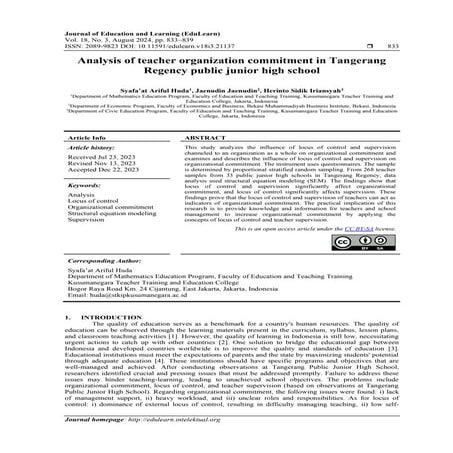 Analysis of teacher organization commitment in Tangerang Regency public junio...