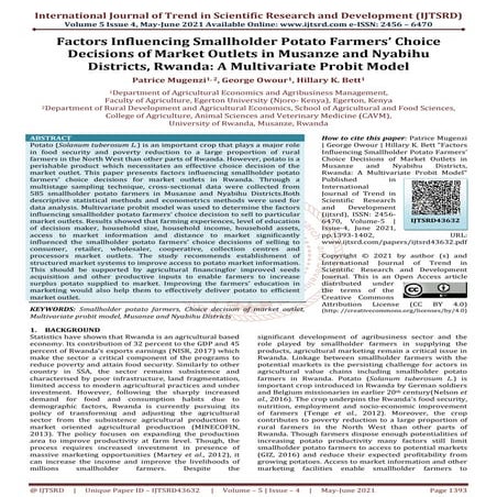 Factors Influencing Smallholder Potato Farmers’ Choice Decisions of Market Ou...