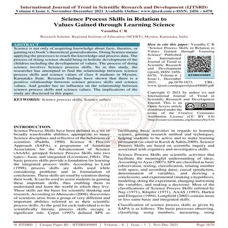 Science Process Skills in Relation to Values Gained through Learning Science