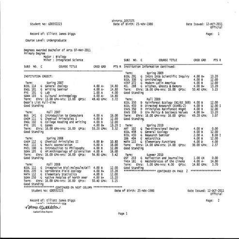 Diggs' Guilford College Transcript | PDF