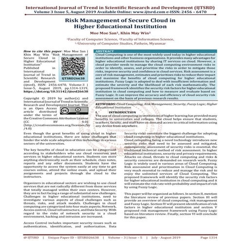 Risk Management of Secure Cloud in Higher Educational Institution