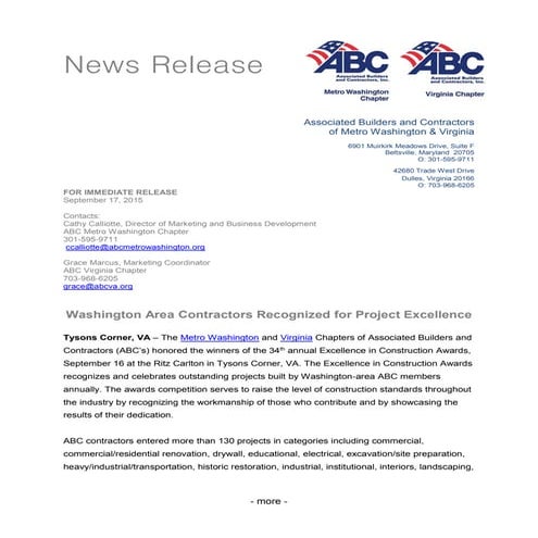 Press Release- 2015 Excellence in Construction Awards ABC Metro Washington an...