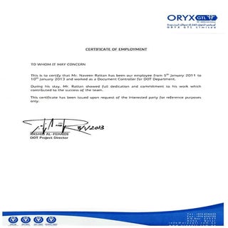 ORYX GTL Employment Certificate
