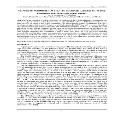 Adapting A VW Golf Car For Using Pure Rapeseed Oil As Fuel