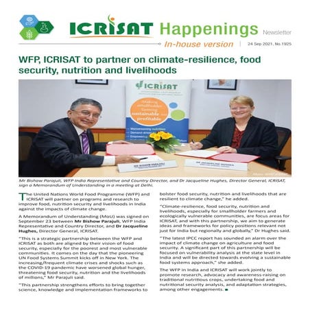 WFP, ICRISAT to partner on climate-resilience, food security, nutrition and l...