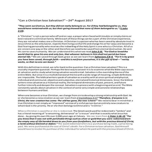 24th August 2017  - Can a Christian lose Salvation