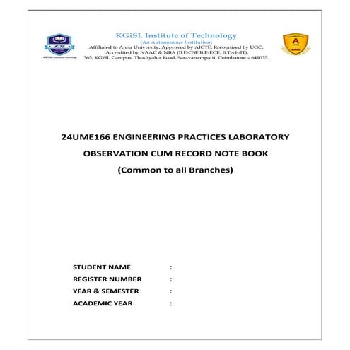 24UME166 ENGINEERING PRACTICES LAB RECORD | PDF