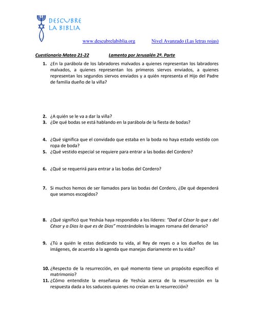 25.  cuestionario de las letras rojas. lamento por jerusalén 2a. parte.