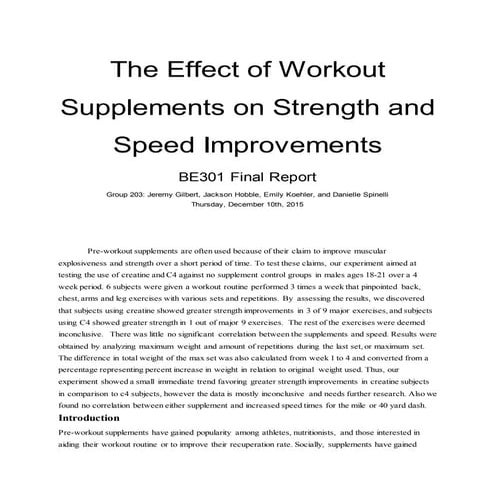 Effect of Workout Supplements on Strength:Speed Improvements