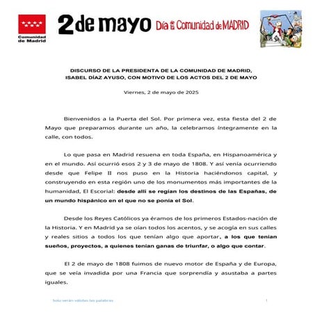 Discurso Isabel Díaz Ayuso 2 de mayo 2025