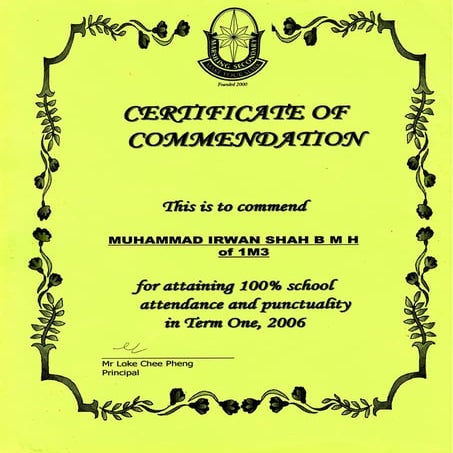 Certificate of Commendation Attendance 2006 Term 1