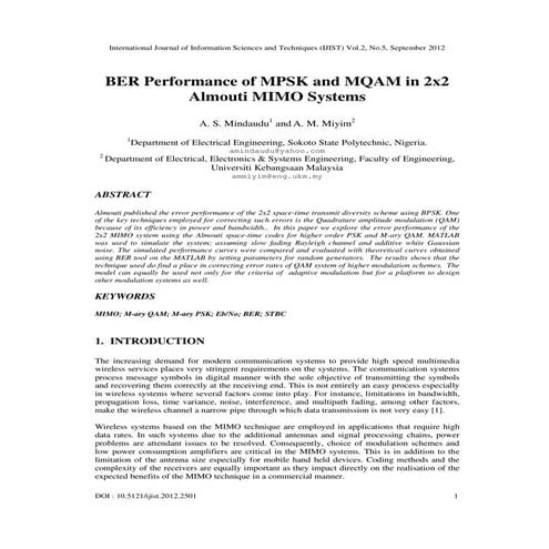BER Performance of MPSK and MQAM in 2x2 Almouti MIMO Systems