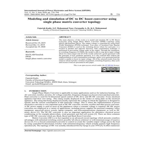 Modeling and simulation of DC to DC boost converter using single phase matrix...