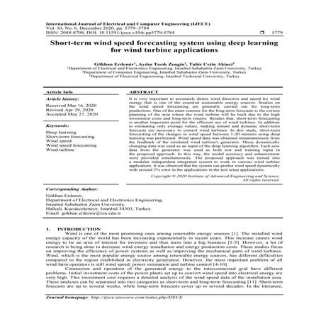Short-term wind speed forecasting system using deep learning for wind turbine...