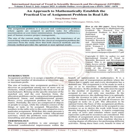 An Approach to Mathematically Establish the Practical Use of Assignment Probl...