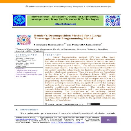 Bender’s Decomposition Method for a Large Two-stage Linear Programming Model