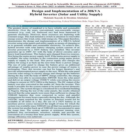 Design and Implementation of a 30KVA Hybrid Inverter Solar and Utility Supply