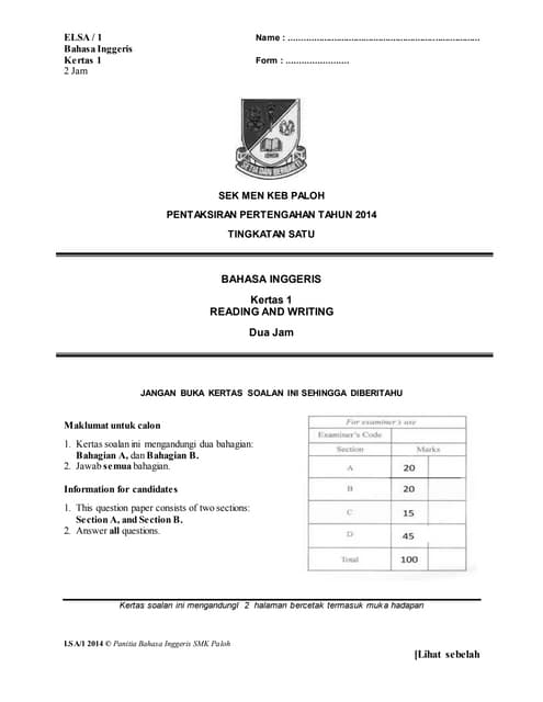 form 1 english exam paper with answer malaysia - David Russell