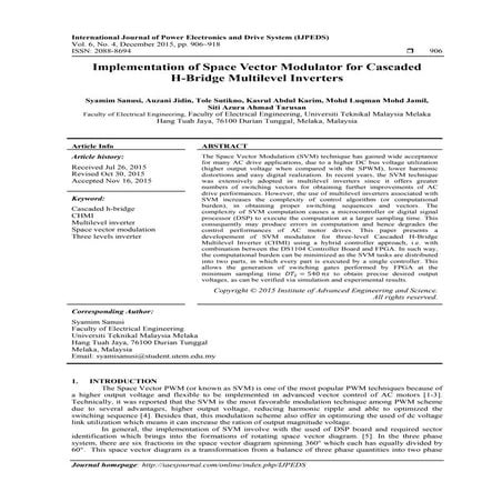 Implementation of Space Vector Modulator for Cascaded H-Bridge Multilevel Inv...
