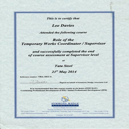 TEMPORAY WORKS SUPERVISOR CERTIFICATE