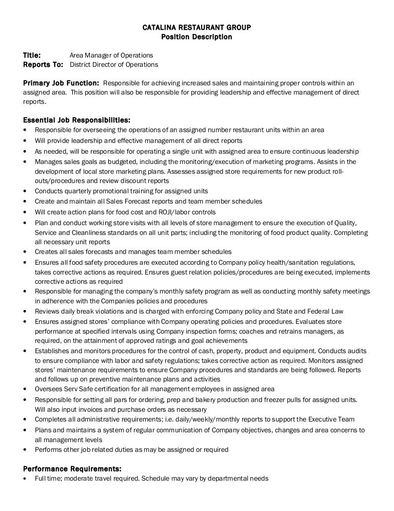 job description area manager of operations 4 2 2014 area manager job description