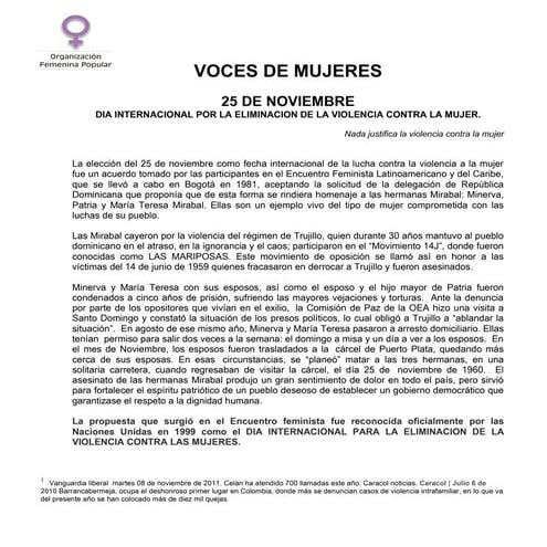 Comunicado OFP Día Internacional por la Eliminación de la Violencia contra la...