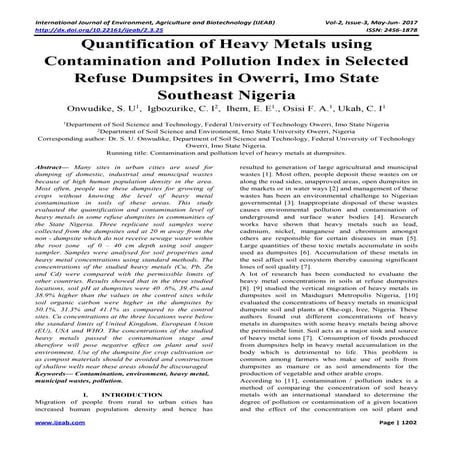 Quantification of Heavy Metals using Contamination and Pollution Index in Sel...