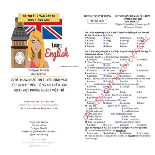 25 ĐỀ THAM KHẢO THI TUYỂN SINH VÀO LỚP 10 THPT MÔN TIẾNG ANH NĂM HỌC 2024 - 2...
