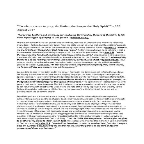 25th August 2017  - To whom are we to pray, the Father, the Son, or the Holy Spirit?