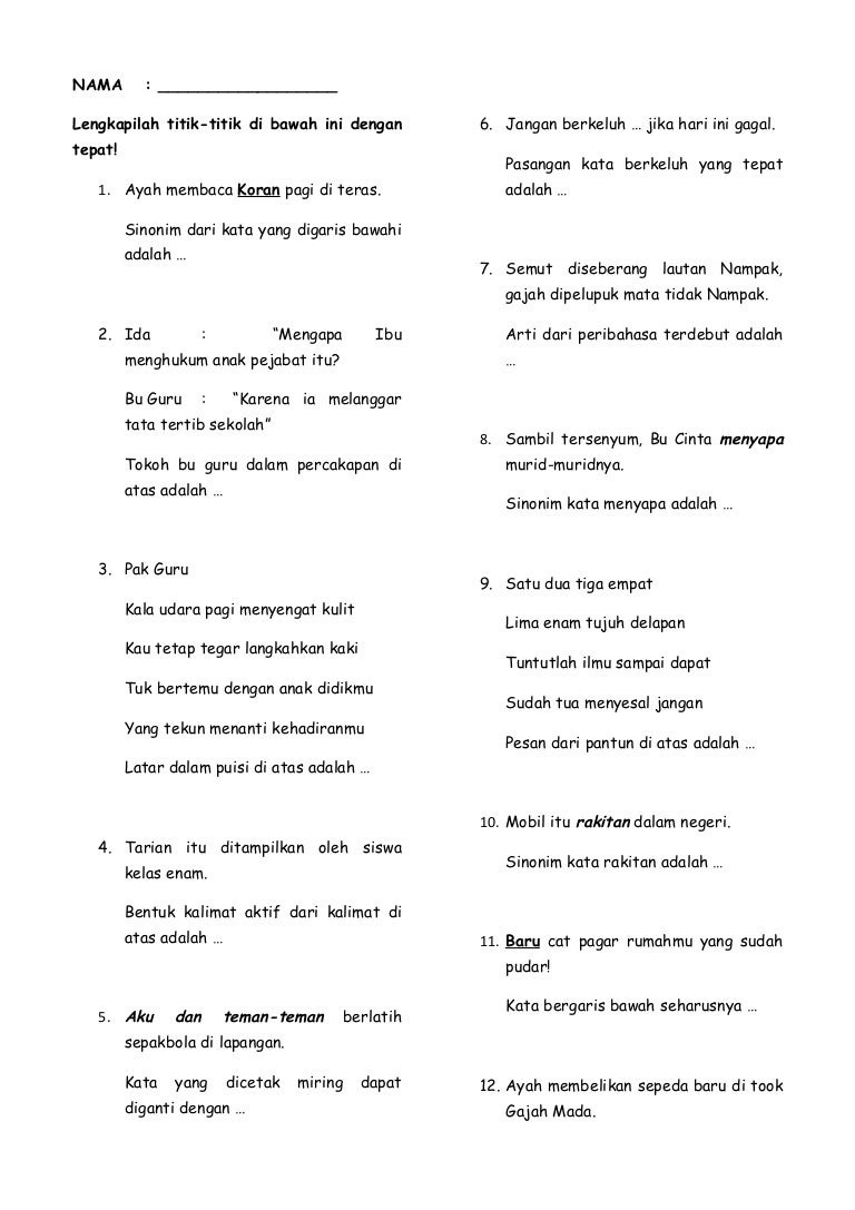 Soal Bahasa Indonesia Kelas 5