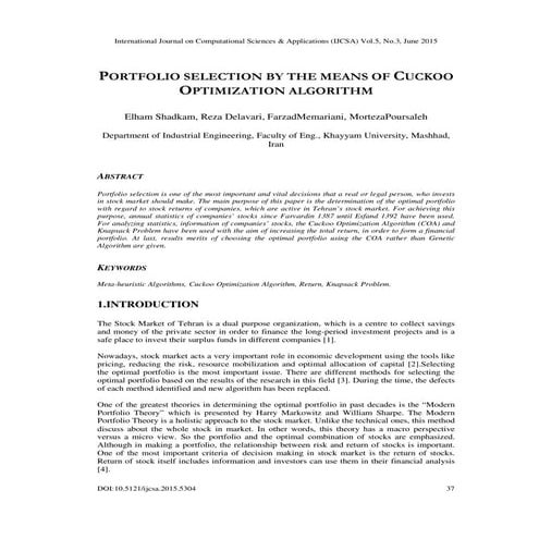 PORTFOLIO SELECTION BY THE MEANS OF CUCKOO OPTIMIZATION ALGORITHM
