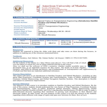 Syllabus of Special Topics - Satellite Geodesy