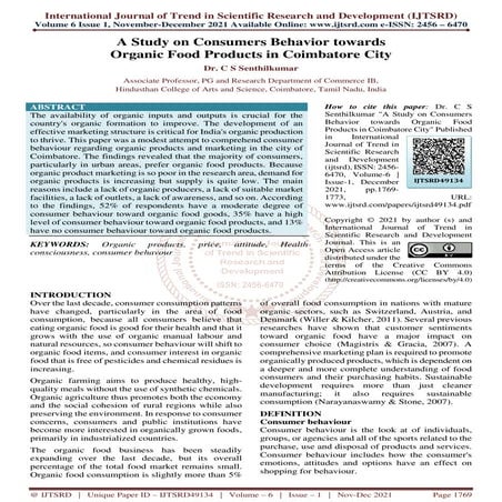 A Study on Consumers Behavior towards Organic Food Products in Coimbatore City