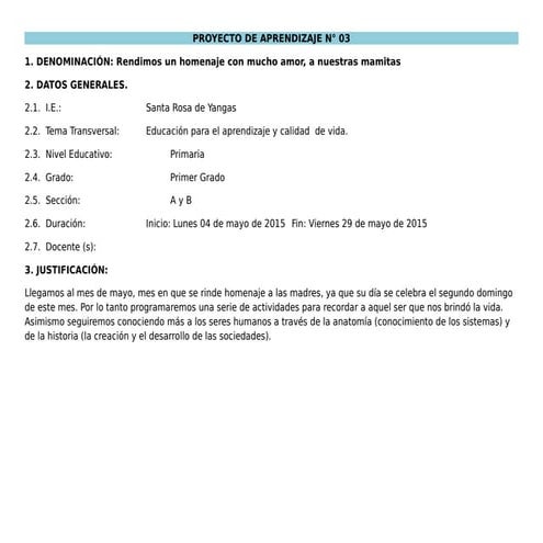 Proyecto de aprendizaje - Mayo 2015 - 1er.Grado de Primaria 