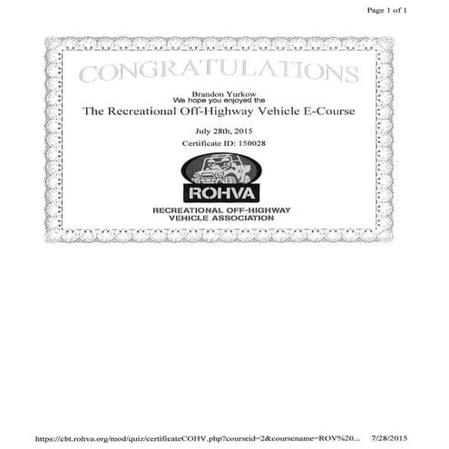 Recreational off highway vehicle course certificate | PDF