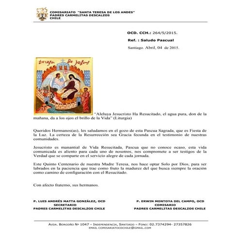 CARMELO TERESIANO - SALUDO PASCUAL 2015