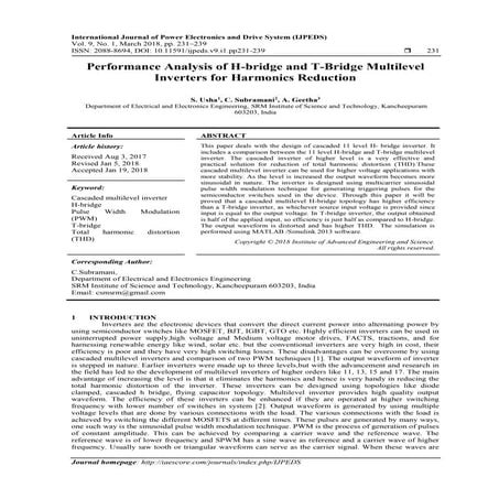 Performance Analysis of H-bridge and T-Bridge Multilevel Inverters for Harmon...