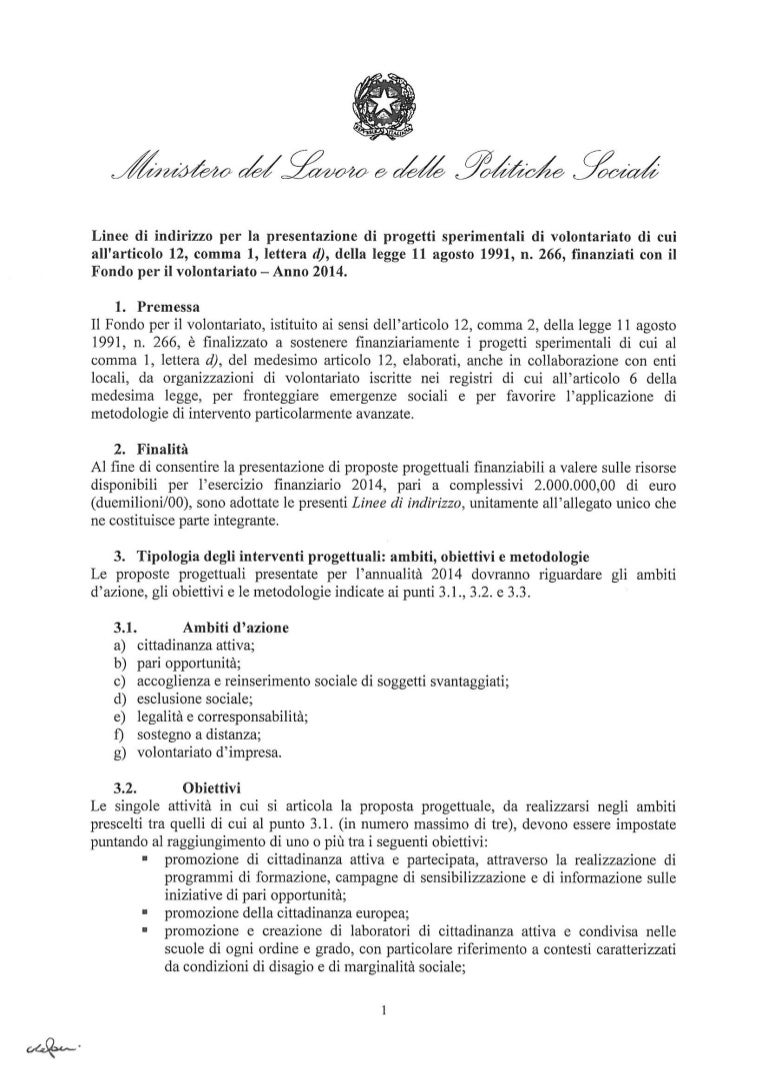 Linee Di Indirizzo Progetti Speciali Di Volontariato 2014