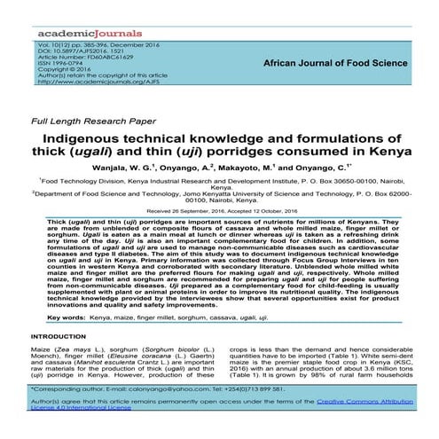 Indigenous technical knowledge and formulations of ugali and uji in Kenya